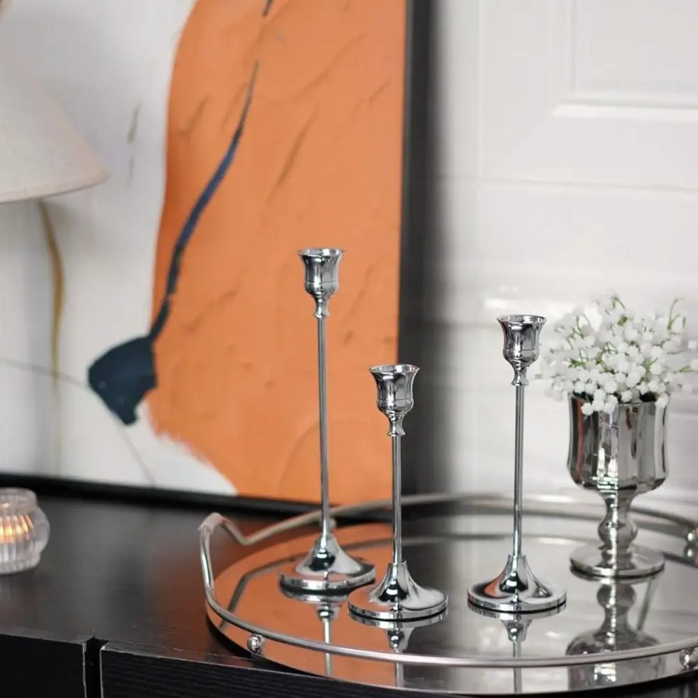 3Pcs Exquisite Metal Metal Candlestick European Style High Footed Romantic Candle Stand Decorative Flat Bottom
