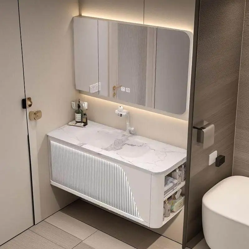 Bathroom Cabinet Combination Intelligent With Rock Board Hot Bending Integrated Basin Sink Wall-Mounted Direct Sale