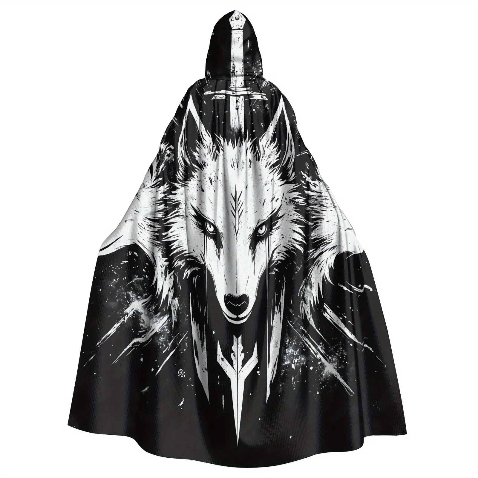 

Animal Hooded Cloak Triple Wolf Sword Design Adult Costume Robe, Machine Washable Polyester Cloak for Halloween