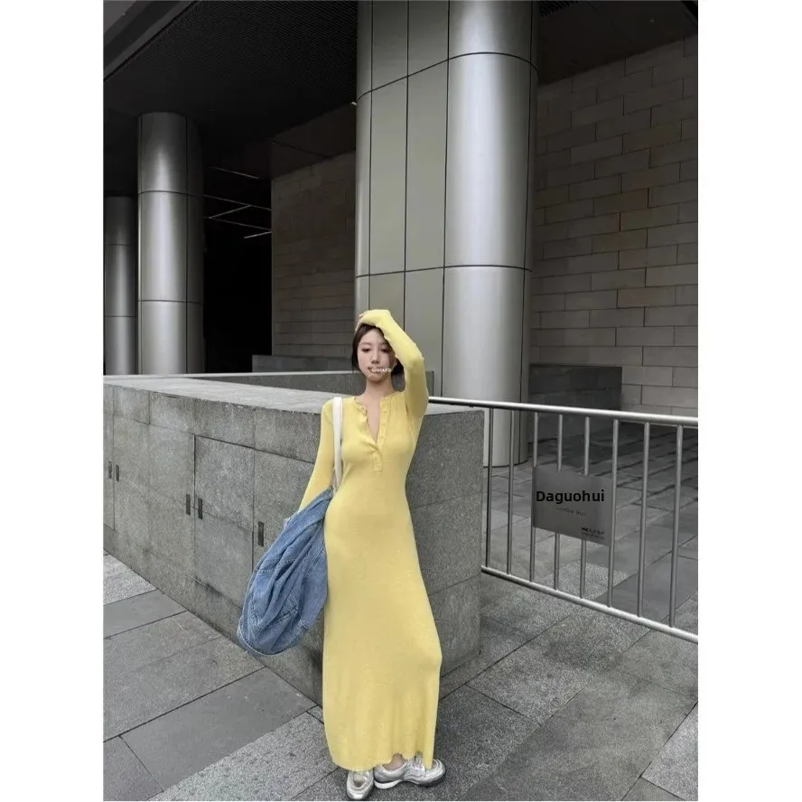 Slim Fit Long Sleeve Wrap around Dress Yellow Color Enhancing Inner Dress Autumn Winter Season City Walk Suitable V Neck Design