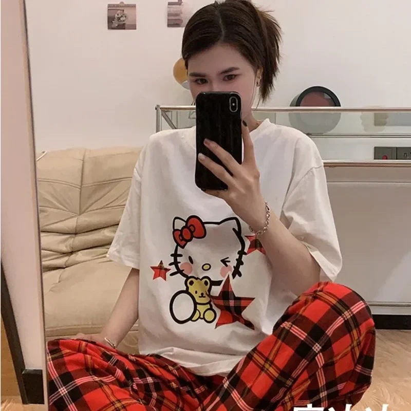 Sanrio hello kitty Round Neck Pajamas Women's Summer Thin Short Sleeve Trousers T-Shirt New Fashion Home Clothes Suit sleepwear