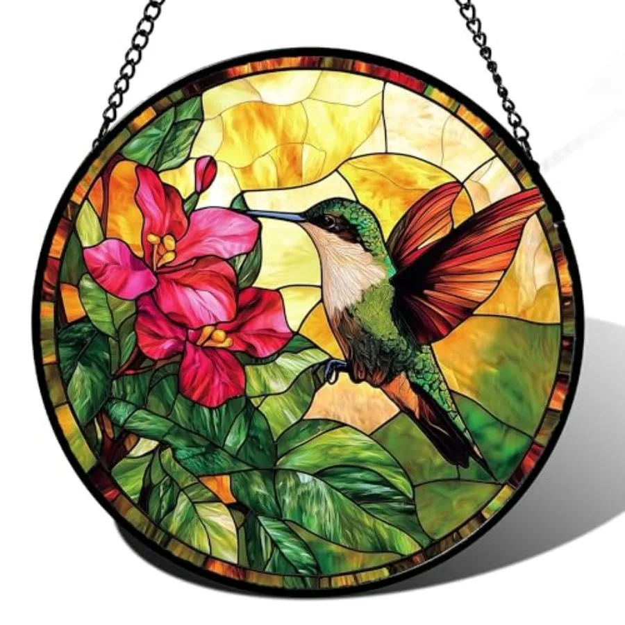 

Stained Glass Suncatcher, Hummingbird Flowers Green Leaves Sun Catcher Stain Glass Window Hanging Decoration Mother's Day Birth
