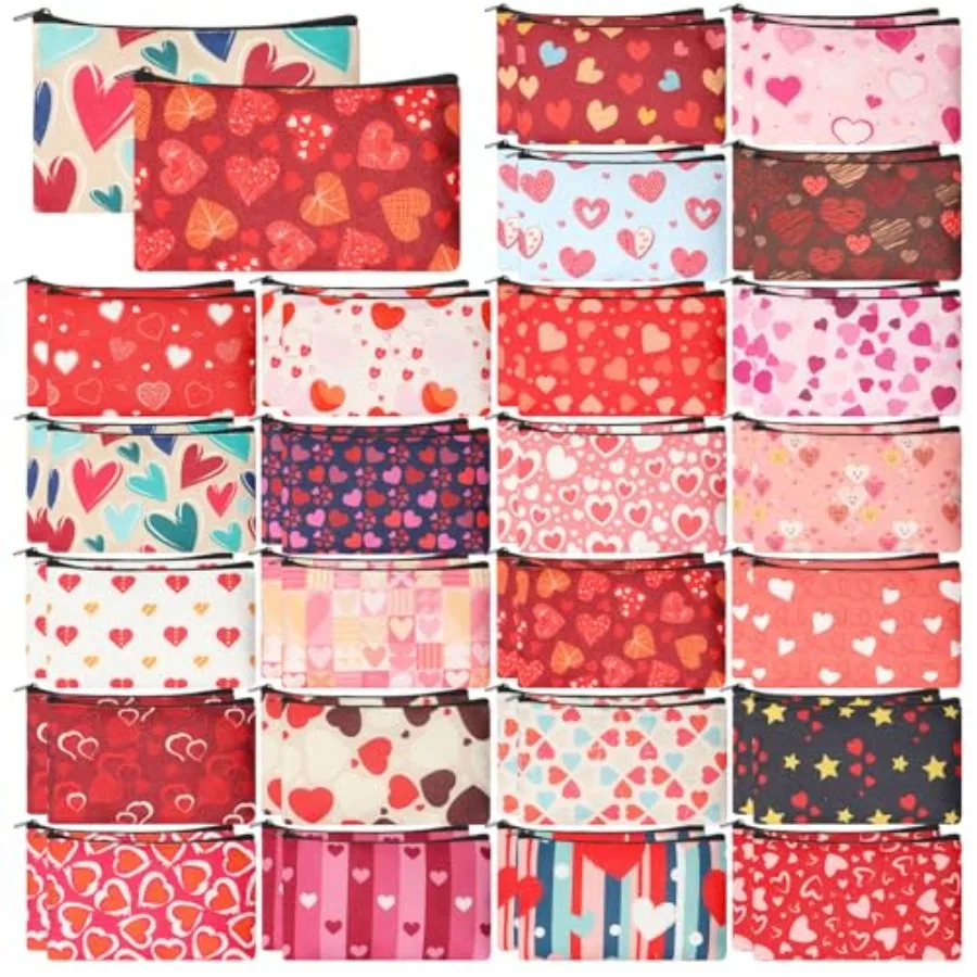 

Набор из 48 косметичек ко Дню святого Валентина: подарочные сумки с узором в виде сердец, косметички на молнии, портативные дорожные кошельки