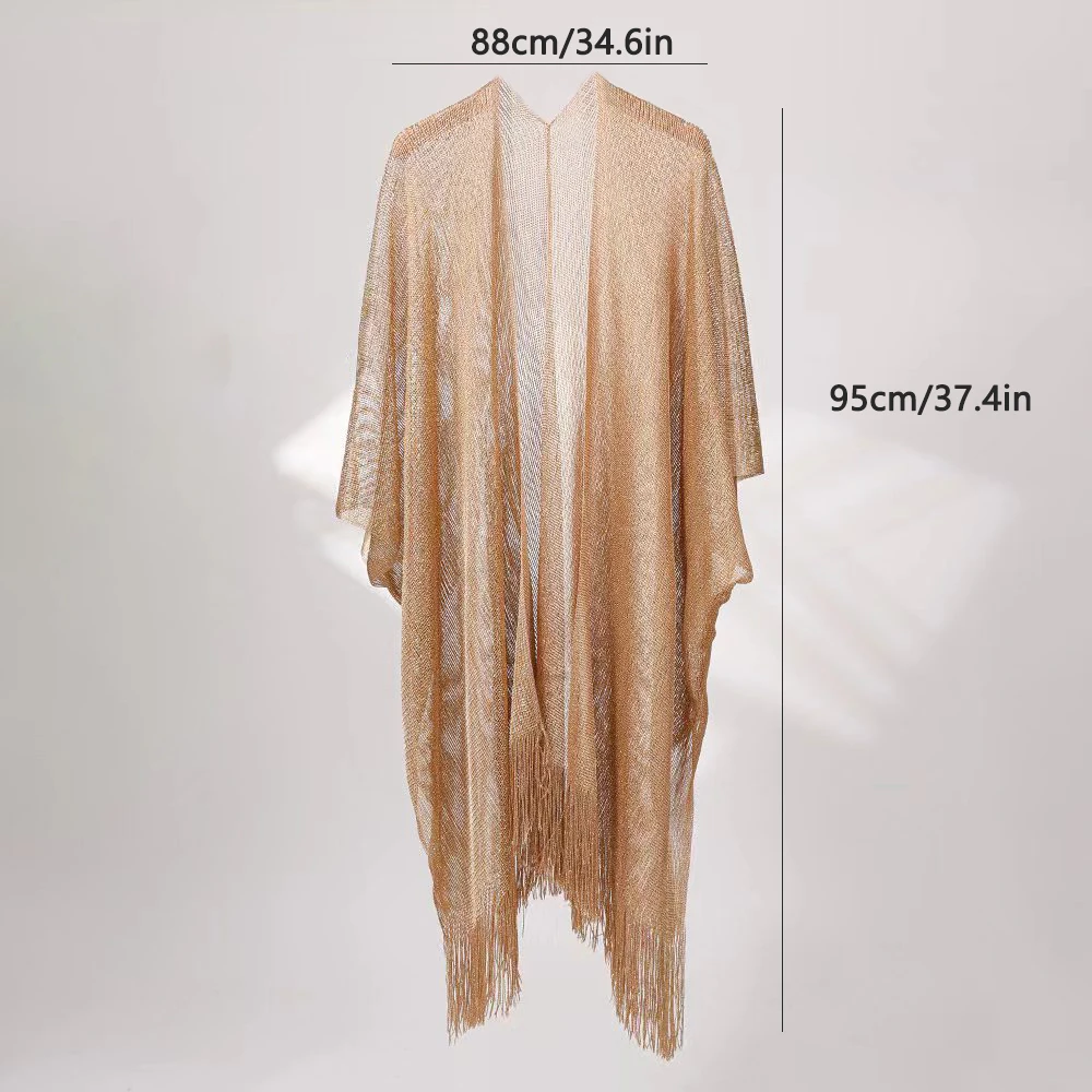 Women's Fashionable Solid Color Loose Cover-Up Shimmering Metallic Net Fringed Kimono Cardigan Tassel-Adorned Party Dress, Semi- view 5