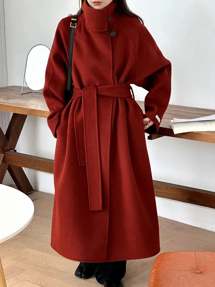 

New Red Thick Stand Collar Double-sided Wool Coat Women Fashion Long Lace-up Commuter Long Sleeve Wool Coats Trend Autumn Winter