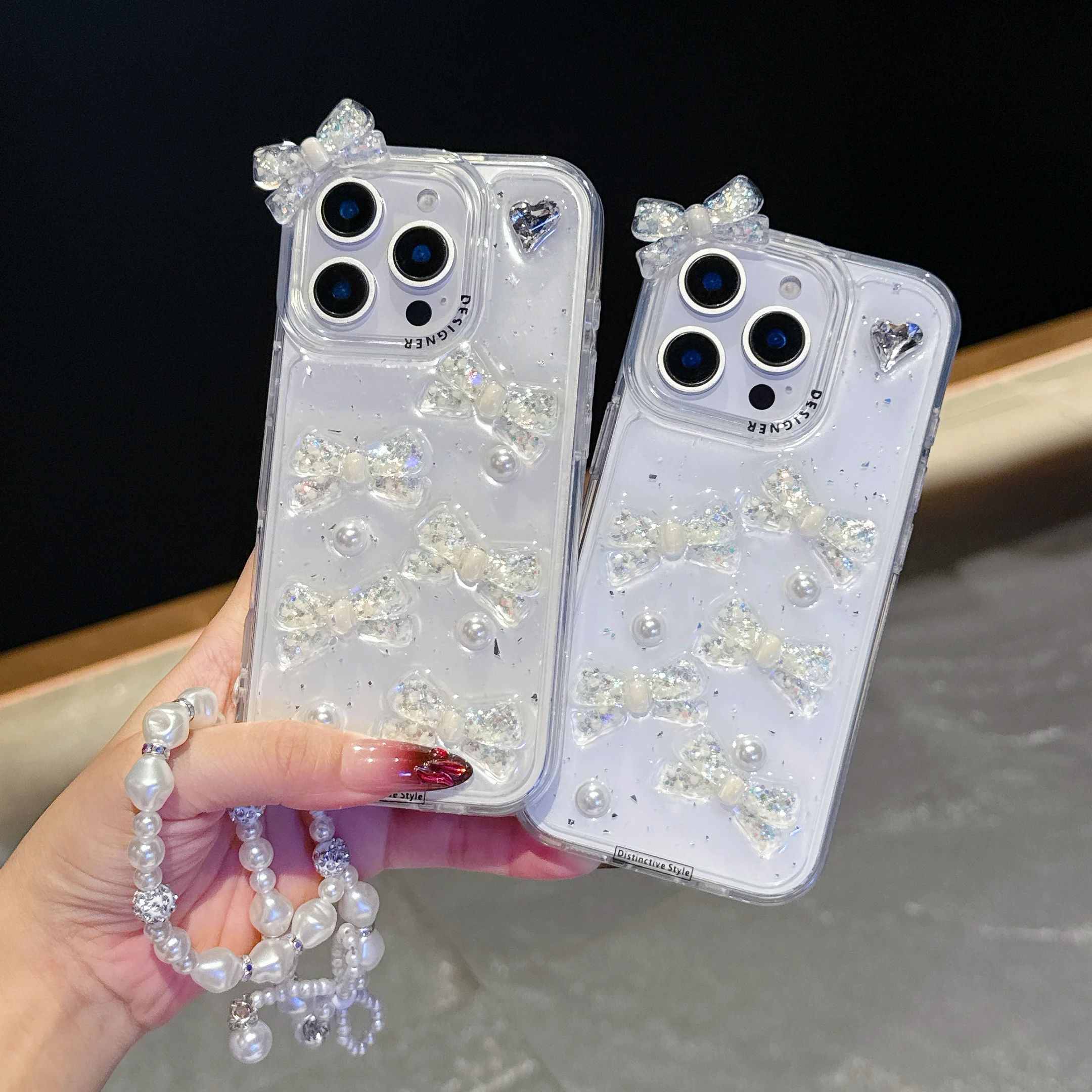 

Sequins INS Style 3D Bow Tie Little Heart Princess Style Transparent High-Quality Phone Case For iPhone16 13 14 15 Pro Max
