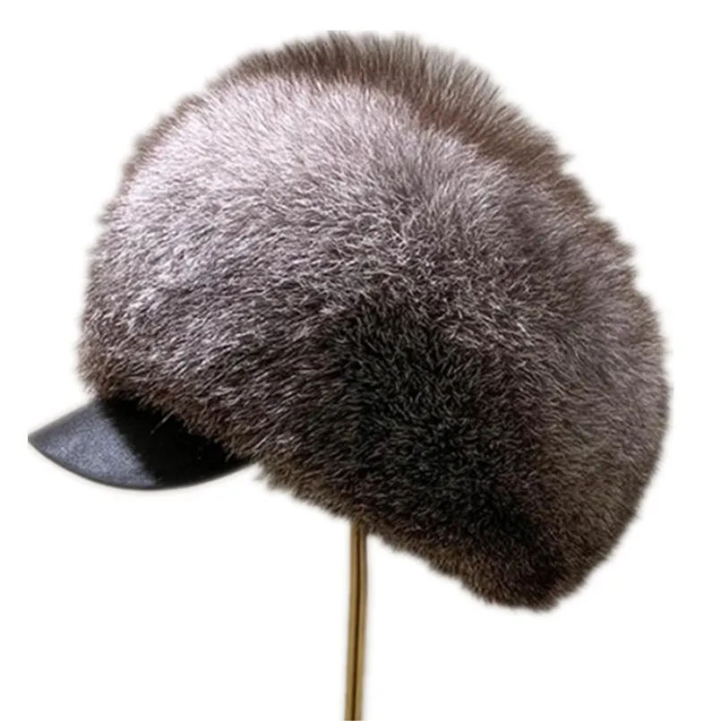 

Autumn Winter Warm Real Fox Fur Hat with Brim Thick Outdoor Russia Caps Fluffy Soft Female Headwear