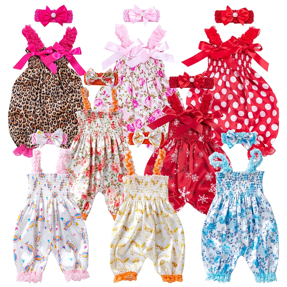 New Arrival for Summer 2024 High Quality Baby Girls Strap Rompers Fun Cartoon Prints and Soft Breathable Lantern Pants Bodysuits