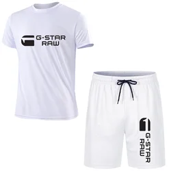 2024 Summer G-STAR RAW Print Men's T-shirts Shorts Set Suit Fashion Leisure Breath Sport Jogging Gym 2pcs Short Sleeve