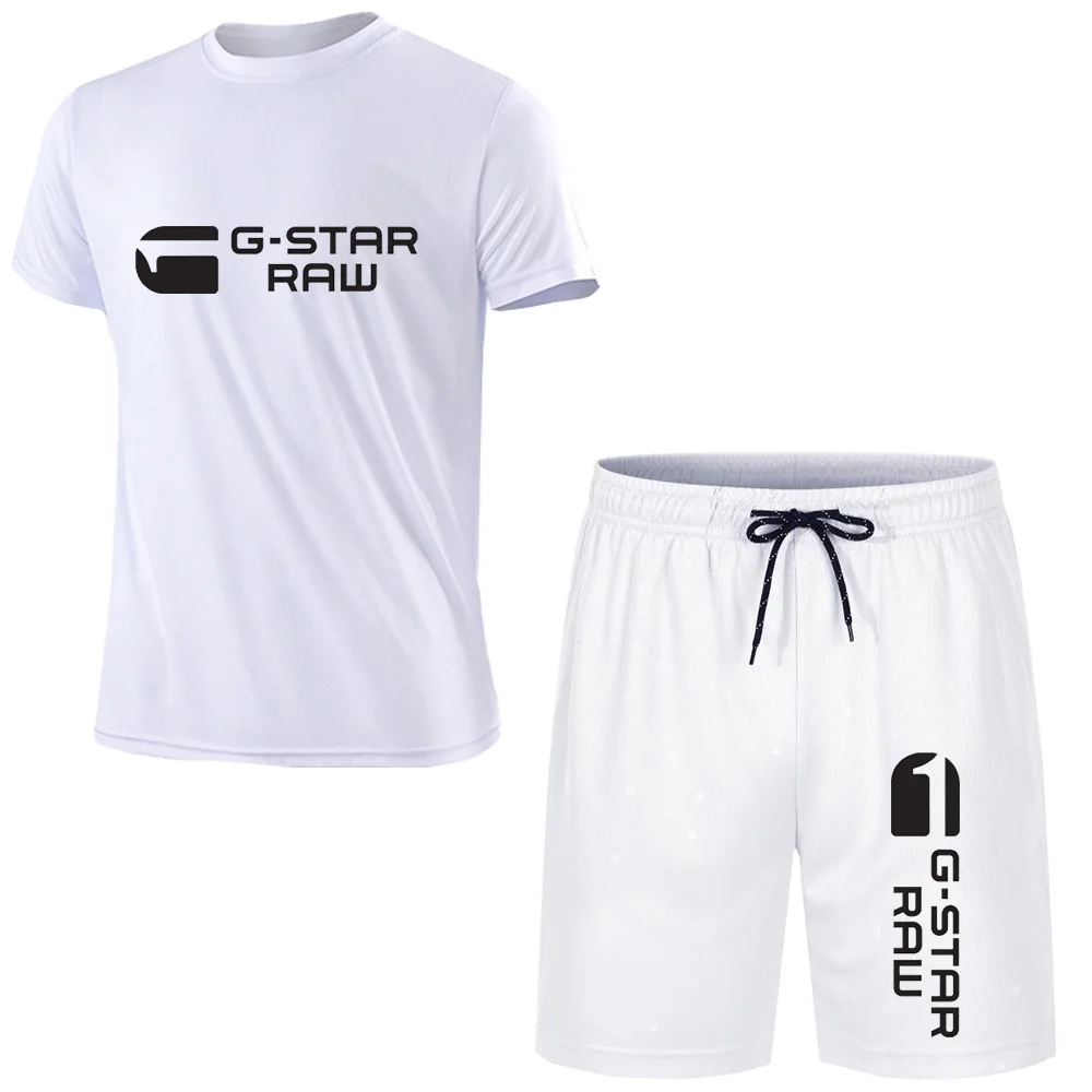 2024 Summer G-STAR RAW Print Men's T-shirts Shorts Set Suit Fashion Leisure Breath Sport Jogging Gym 2pcs Short Sleeve