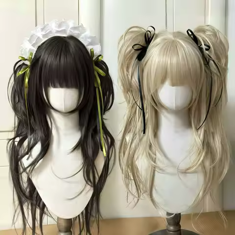 Long Curly Hair Synthetic Wig for Women Cute Anime Lolita Hairstyle Double Ponytail Headgear for Cosplay Halloween
