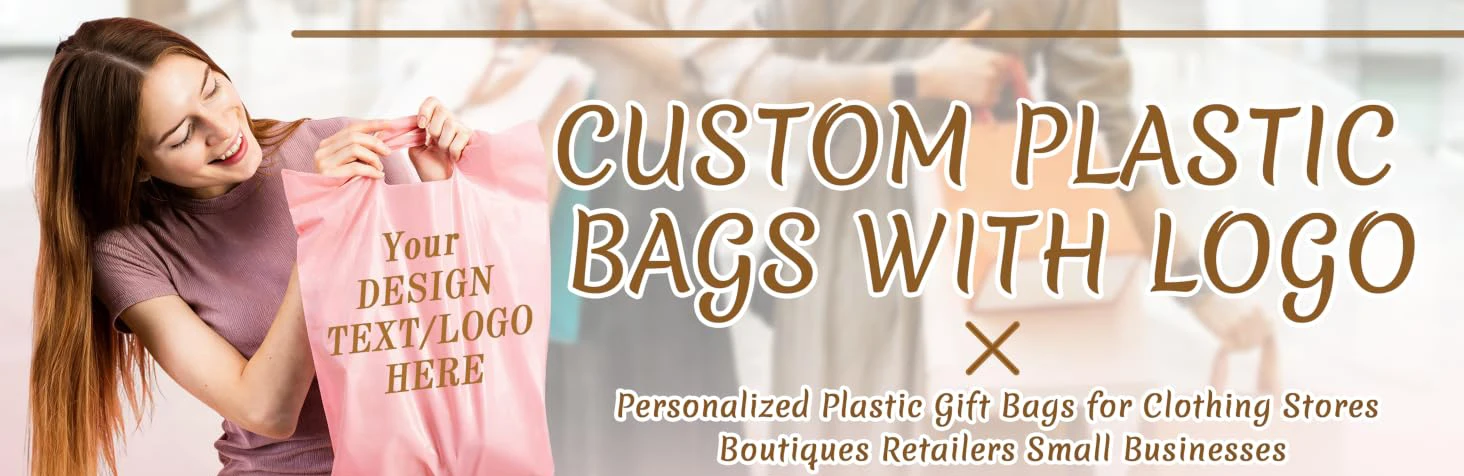 100 Stück individuelle Einkaufstüten aus Kunststoff mit Logo, personalisierte Geschenktüte für kleine Unternehmen, Verpackungen, Einzelhandel, Messen, Veranstaltungen, Partys – Detail 1