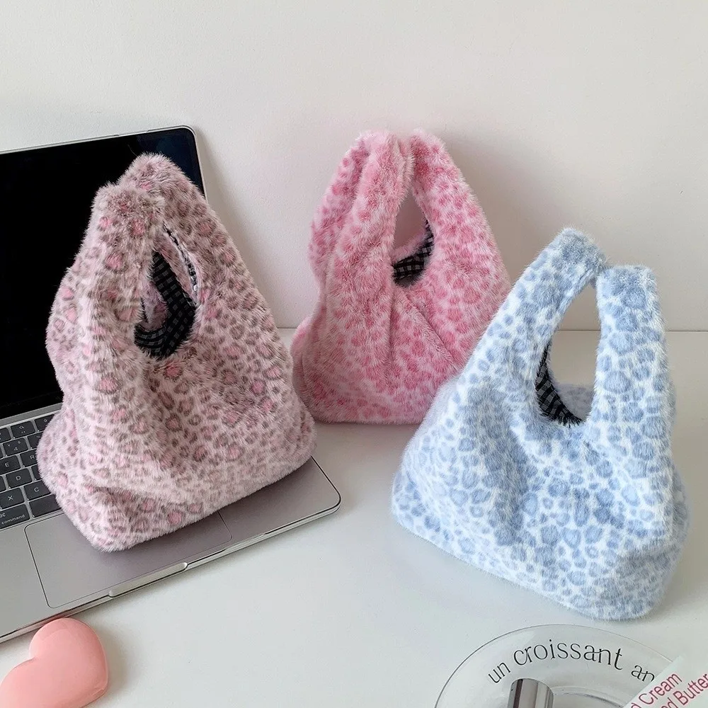 Storage Leopard Print Handbag Large Capacity Hand Purses Korean Underarm Bags Tote Bags Leopard/Stripe Fluffy Storage Bag Women