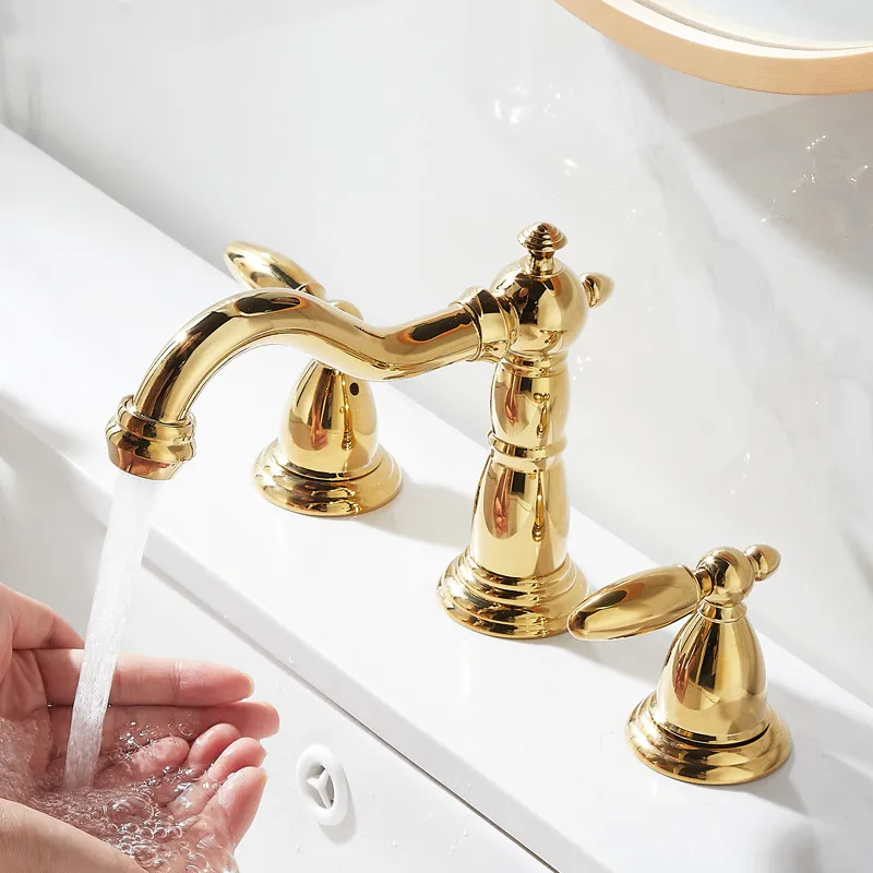 

Widespread Lavatory Mixer Tap Brass Three Hole Sink tap gold black sink faucet Hot Cold Bathroom Sink Tap Mixer 8 inch