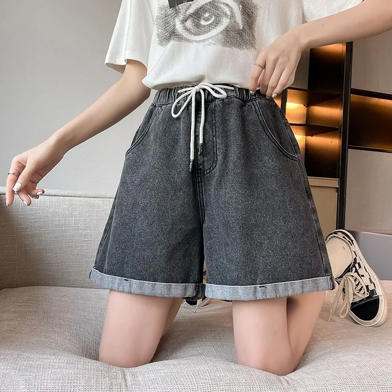 High-Street-Style-Jeans shorts mit hoher Taille, elastische Taille, kurze Sommer-Freizeit hose mit weitem Bein, Damen-Plus-Size-Hose