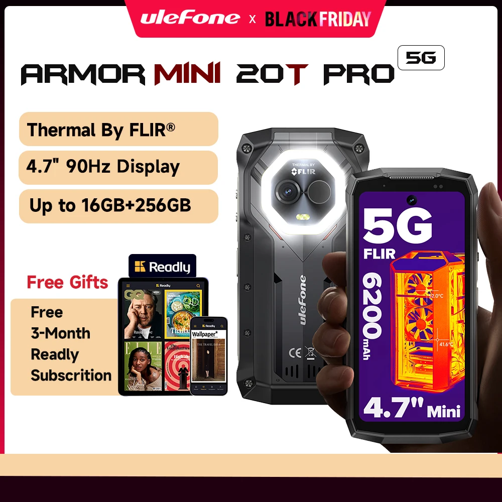 【Anteprima mondiale】 Ulefone Armor Mini 20T Pro 5G Termocamera FLIR® 4.7" Telefono robusto Smartphone Android 14 6200mAh 16GB RAM(8+8)256GB ROM 33W Versatile LED Light Telefono cellulare