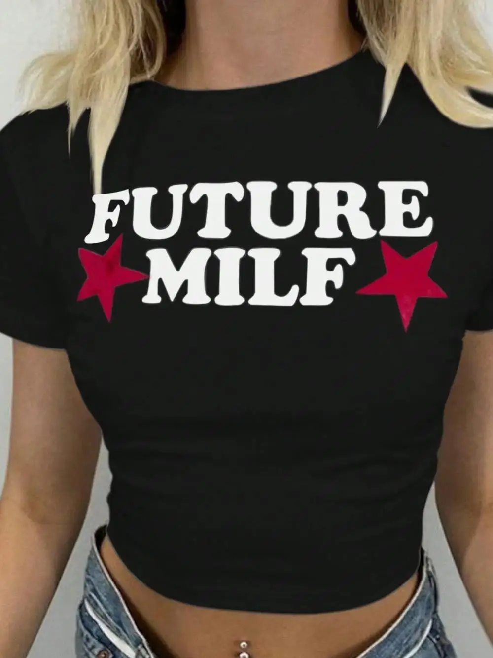 100% Cotton Women Crop T-shirts Future Milf Letter Printed Tee Shirts O-Neck Tight Short Sleeves Clothes Fashion Female Tops