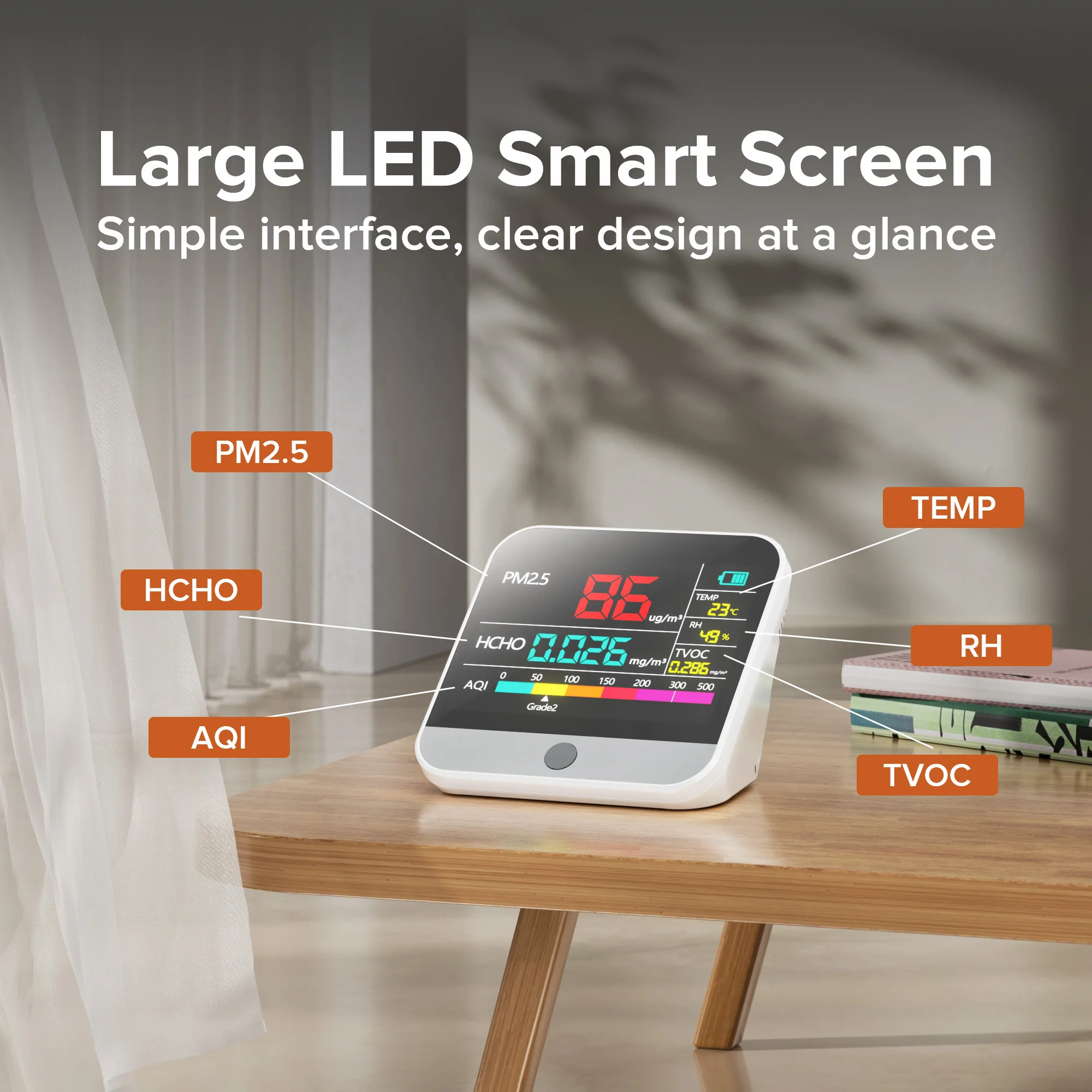 Booster DM306 Air Quality Detector Wireless Portable Buzzer Alarm 24-Hour Monitoring of Air Quality Type-C Quick Charging Long Battery Life 2200mAh Lithium Battery Home Decoration Use Temperature Humidity Measurement