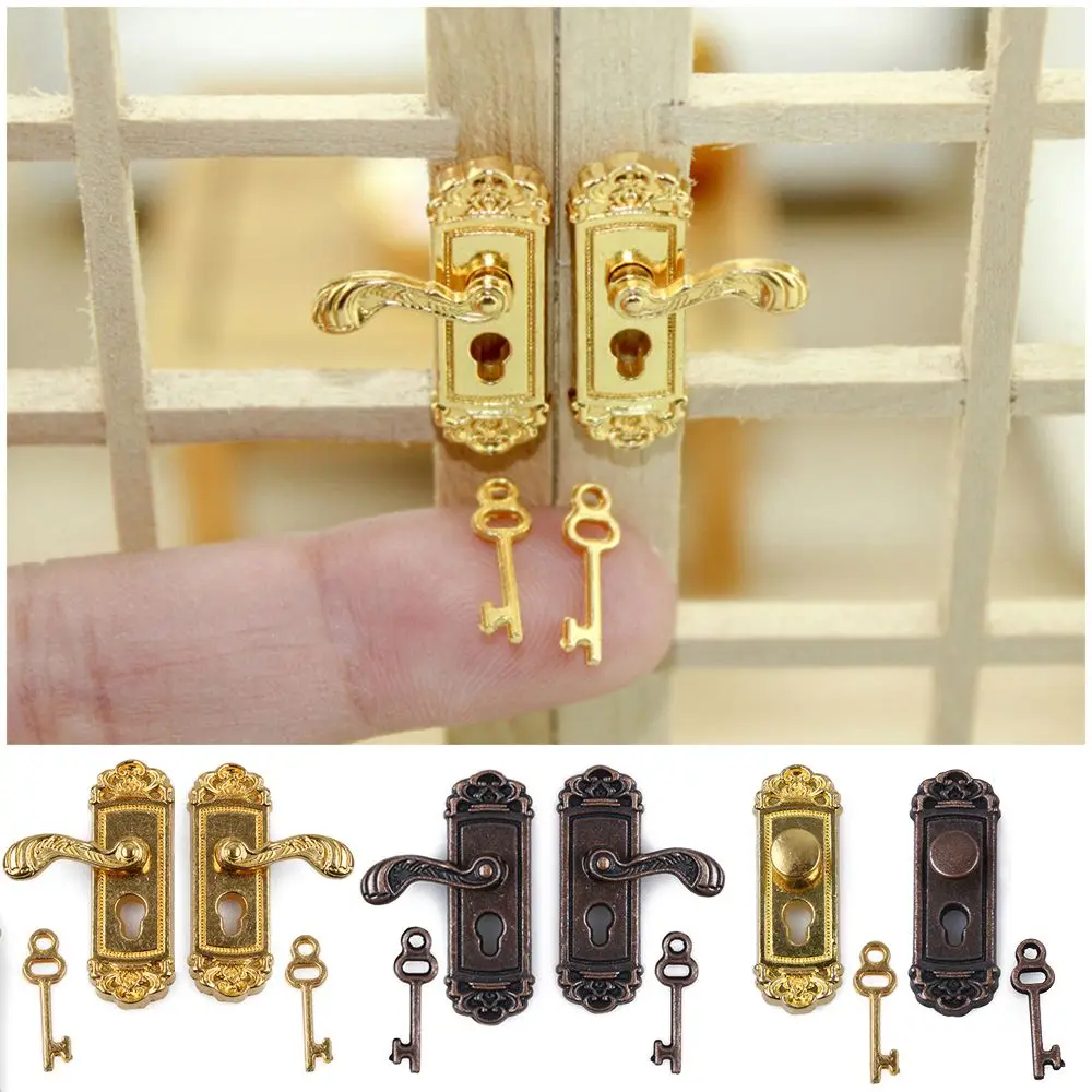 DIY Accessories Retro Style Keyhole Plate Miniature Door Handles Mini Furniture Pull Brass Knobs Dollhouse Lock Key Set