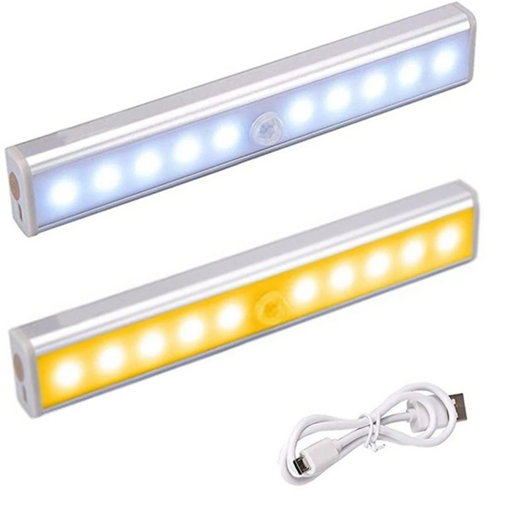 Sensor de Movimento LED Night Light, USB Recarregável, Lâmpada para Cozinha, Gabinete, Roupeiro, Escada, Branco