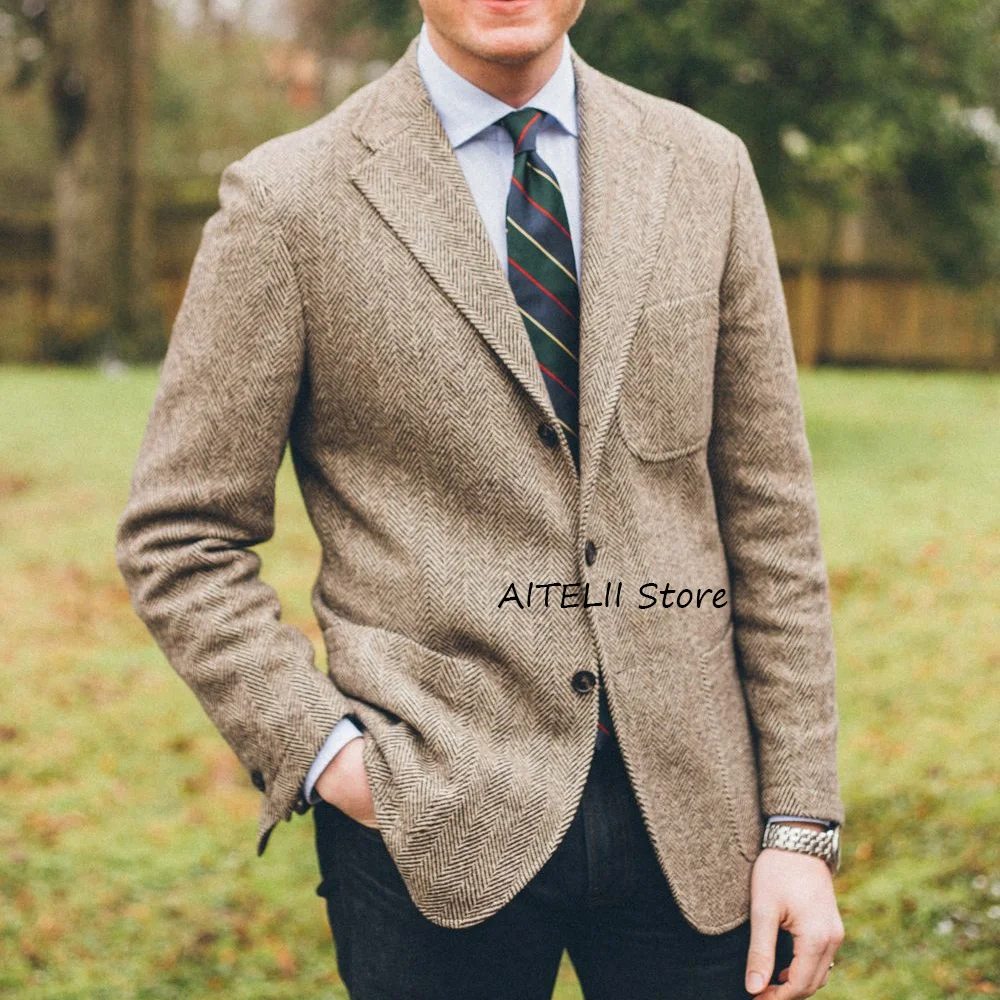 

Man Jackets High Quality Vintage Style Fashion Suit Men's Jacket Comfortable Urban Blazers Herringbone Fabric Single-breasted.