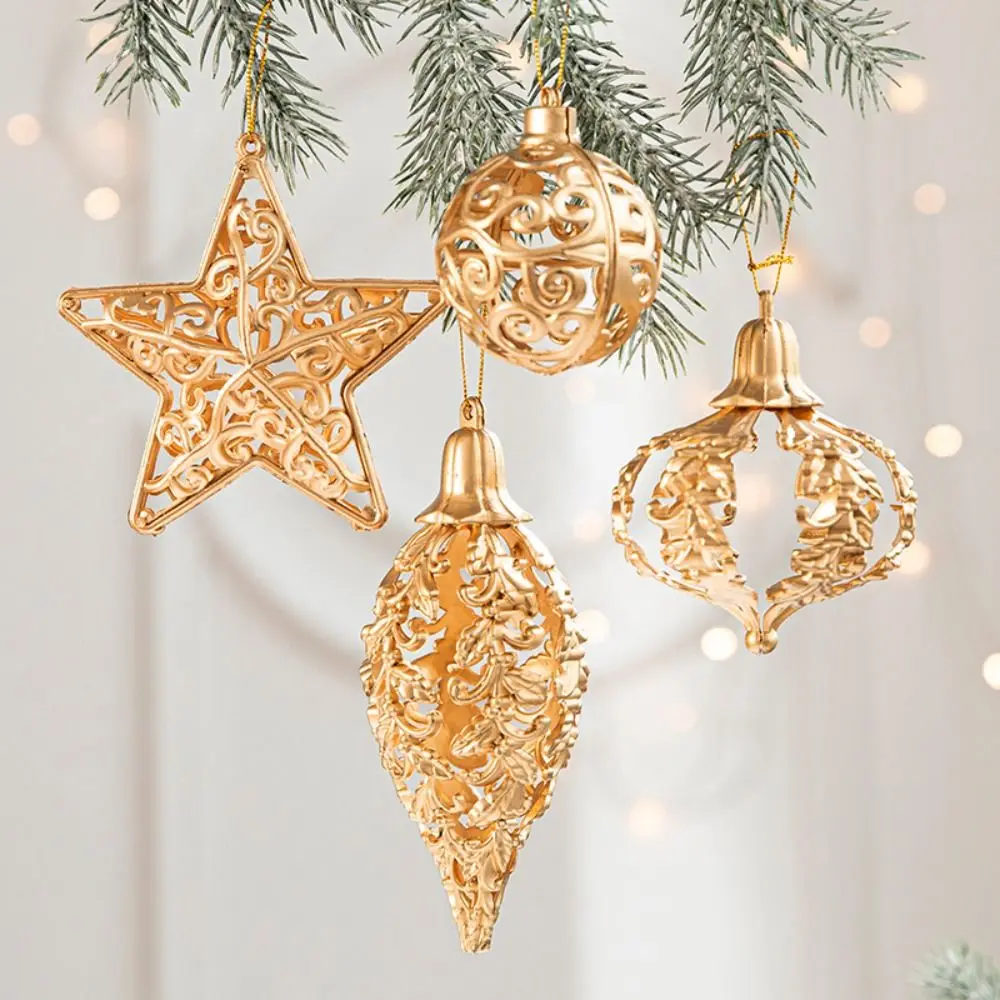 4/8pcs Golden Hollow Five pointed Star Pendant Creative Delicate Christmas Ball Waterproof Hanging Ornament Party