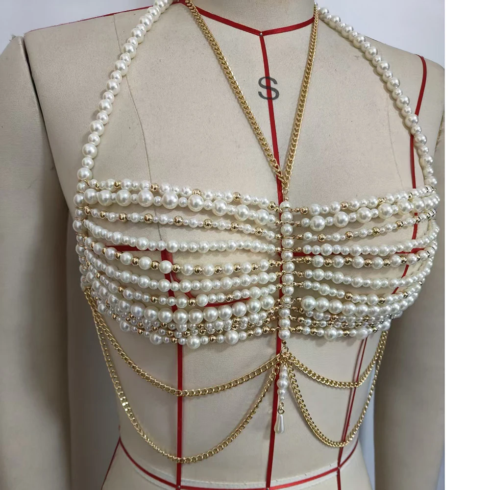 Multi Layer Beaded Chest Body Jewelry Interesting Accessories For Women Sexy Lady Faux Pearl Crop Top Fashionable Outerwear Bra