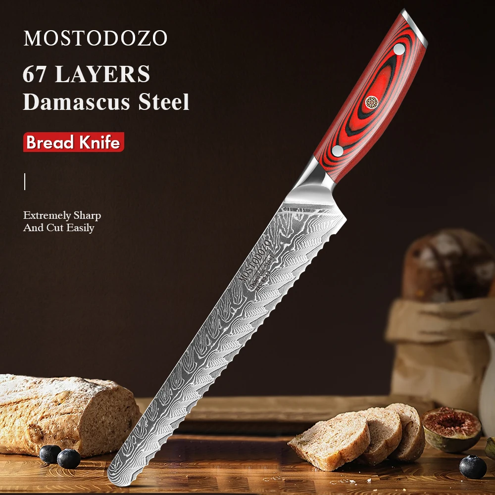 MOSTODOZO 8,5" gezahntes Brotmesser Damaststahl VG10 Kochmesser Küche Schneiden Kuchen Toast Slicer
