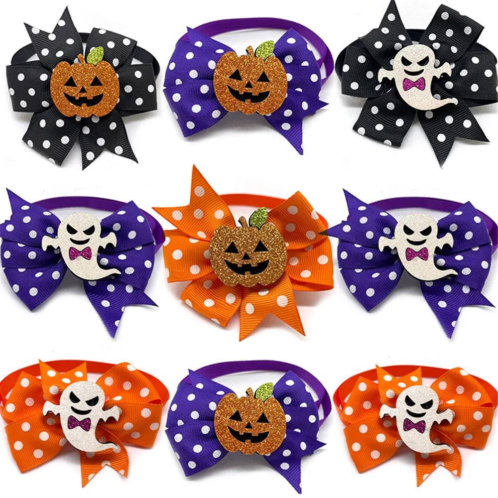 

50 pcs Halloween Pet Dog Bow Ties with Pumpkin Ghost Accessories Pet Dog Collar Holiday Bow Tie Pet Grooming Accessories