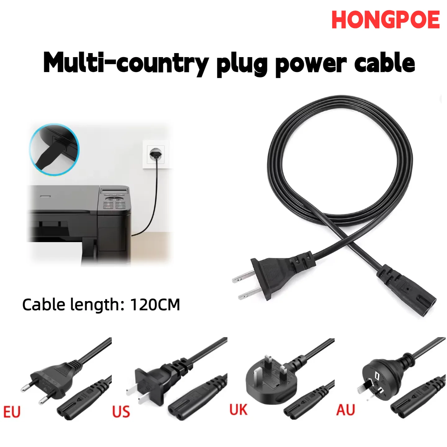1.2M AC Power Cord/Extension Cord/Charging Cable (EU, US, AU, UK) 2-Pin Plug for Electronic Products, TV, Printers, Laptops.