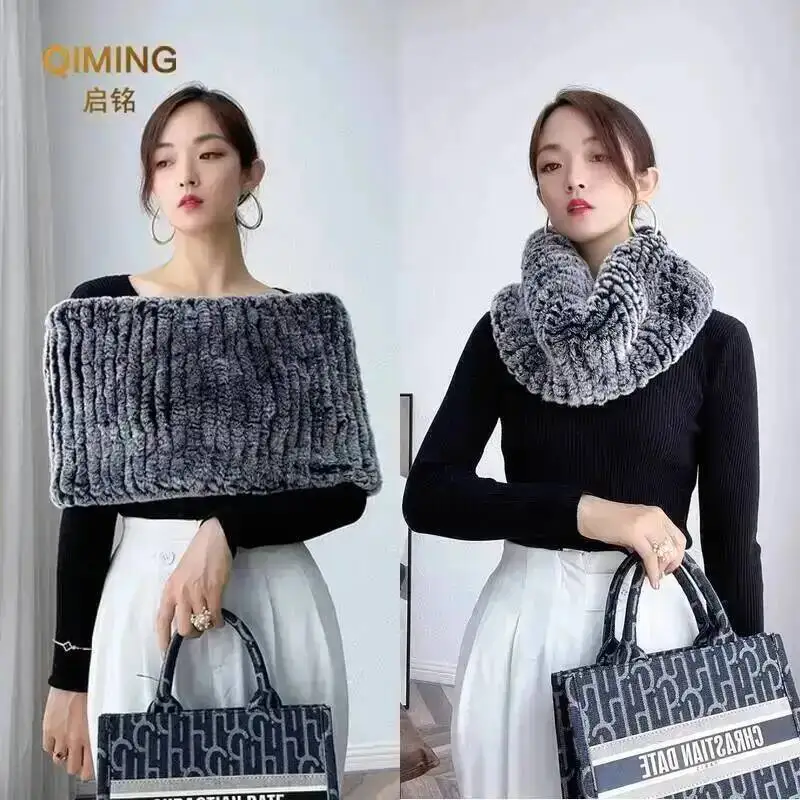 毛皮のショールケープ本物のレックスのウサギの毛皮のスカーフ暖かいパーティーの伸縮性のあるニットセーター女性のスカーフ