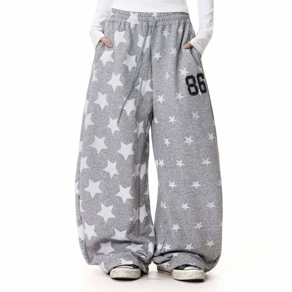 American Retro Star Print Pants Women Gray Y2k Hip Hop Oversized Trousers Harajuku Vintage Casual Wide Leg Sweatpants