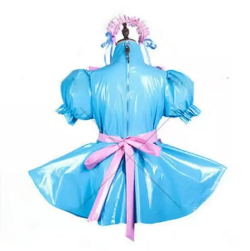 Sexy Sissy Lockable Cute Girl Blue PVC Dress French Maid Cosplay Outfit Adult Custom Carnival Festive Costume