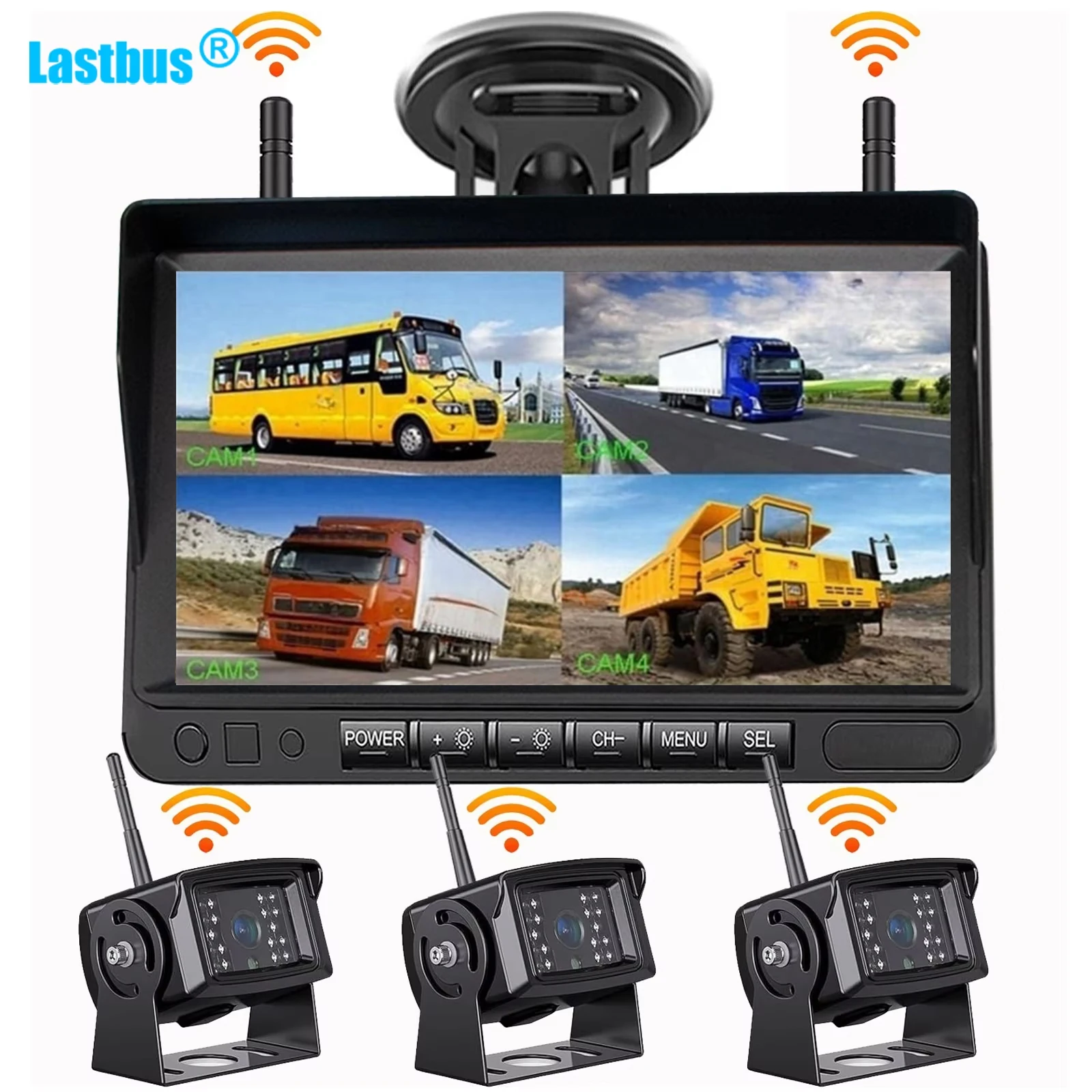 

Lastbus 7'' Quad Split DVR Monitor Rear View With 3x Wireless Wifi HD 1080P Reversing Camera For Truck Caravan Trailer