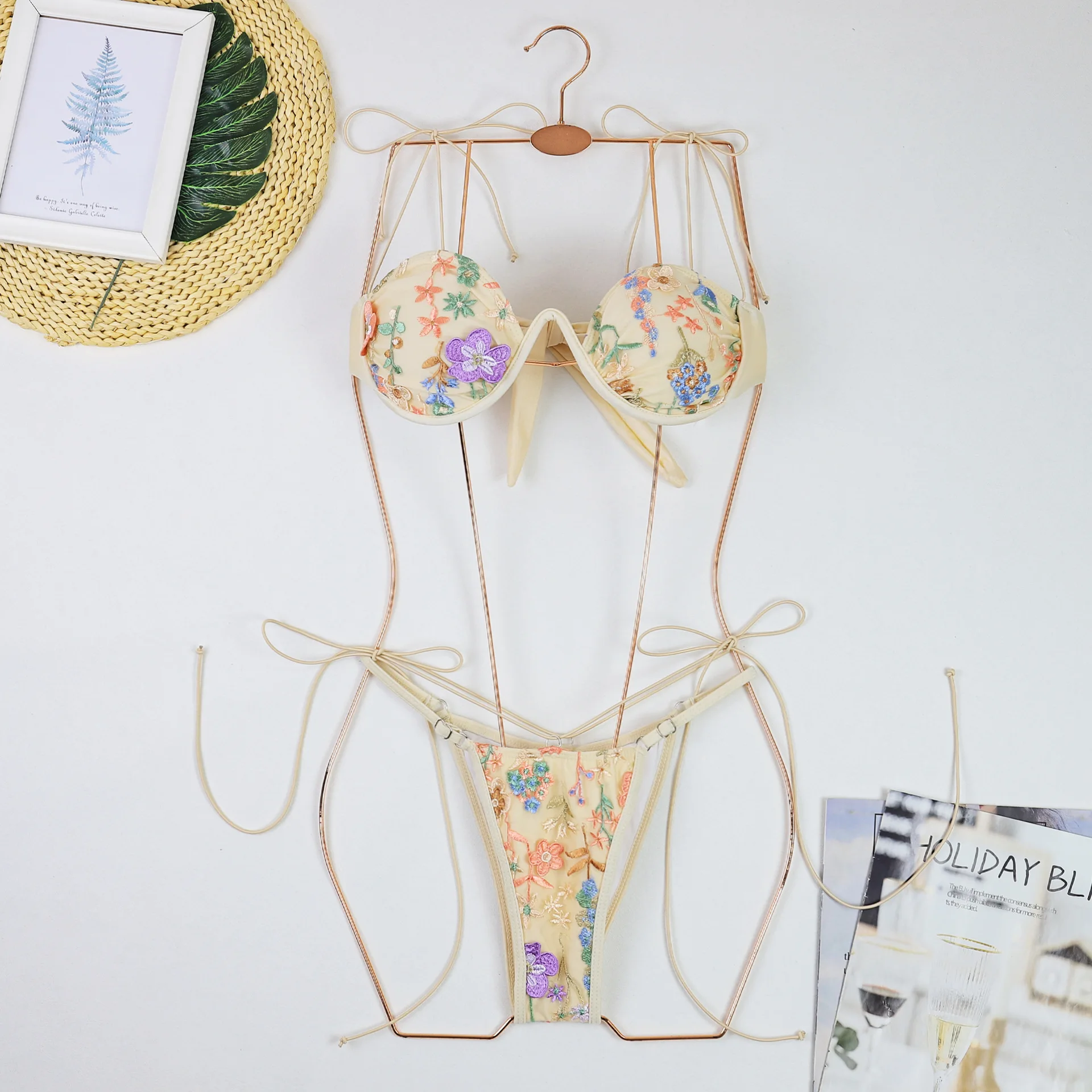 

Sexy Beige Floral Embroidery Bikini Set Women Mesh Push Up Underwire Bra Thong Swimsuit 2025 Beach Bathing Suit Holiday Swimwear