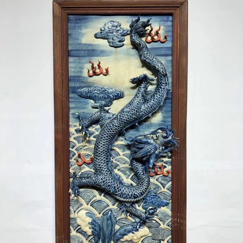 Ceramic painting relief porcelain plate painting water dragon pattern three-dimensional dragon hanging screen home decoration