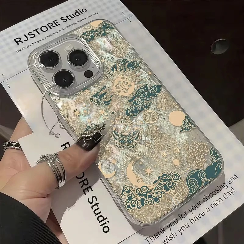 Fashion Retro The Sun Moon Starry Sky Phone Case For iPhone 16 15 14 13 12 11ProMax XR XS MAX 78PLUS INS Shake Proof Laser Cover - náhled 2
