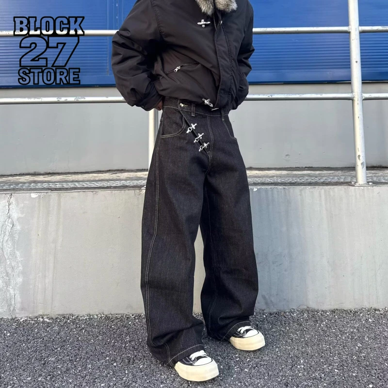 Mens Jeans American Vintage Clean Fit Buckle Curved Leg Denim Pants Harajuku Unisex Loose Fit Wide Leg Streetwear Casual Fashion