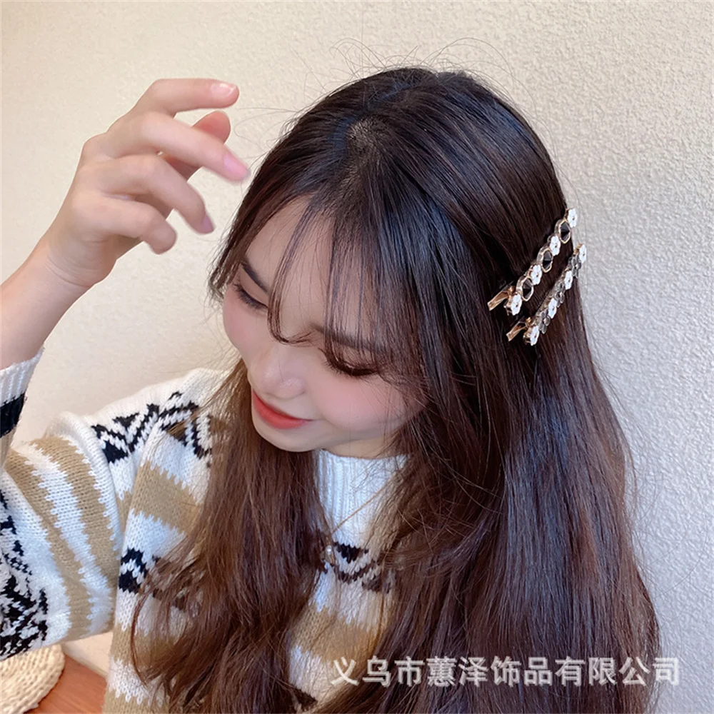 Elegant Heart Flower Crystal Rhinestone Hair Clips Pearl One-Word Clip Headwear Side Bangs Hairpins For Girl Hair Accessories