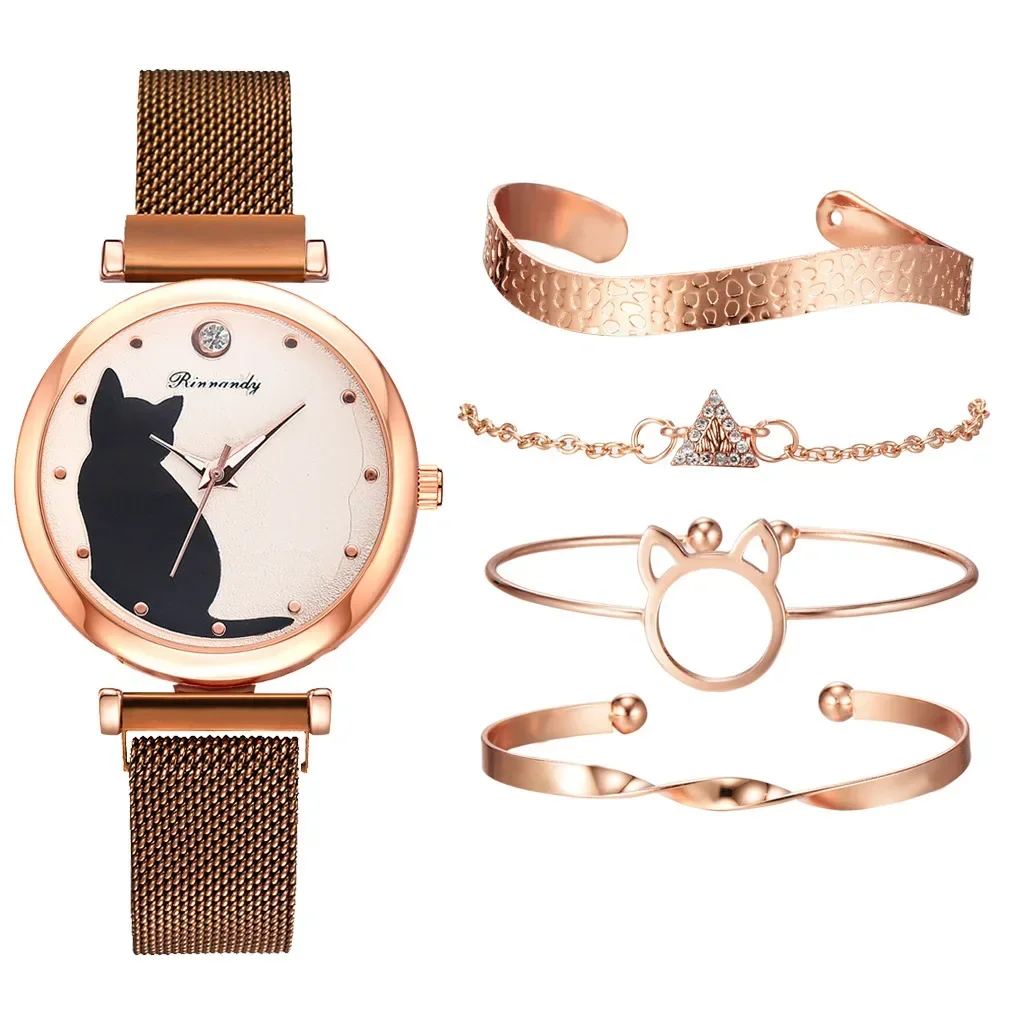 5 unids/set de relojes para Mujer, conjunto de pulsera de oro rosa, Reloj magnético con patrón de gato, pulsera para Mujer, relojes de pulsera, Reloj de cuarzo para Mujer