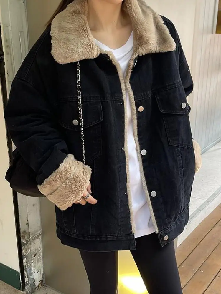 Korean Version Women Black Blue Denim Patchwork Single Breasted Versatile Jacket Winter Loose Thick Warm Plush Velvet Jean Coat