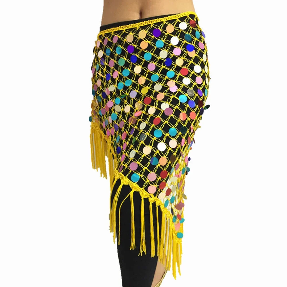 New style Belly Dance Hip Scarf Wrap Belt Skirt Long Tassel Triangle Hand Crochet Sequin Coin Belt  Accessories Training Clothes