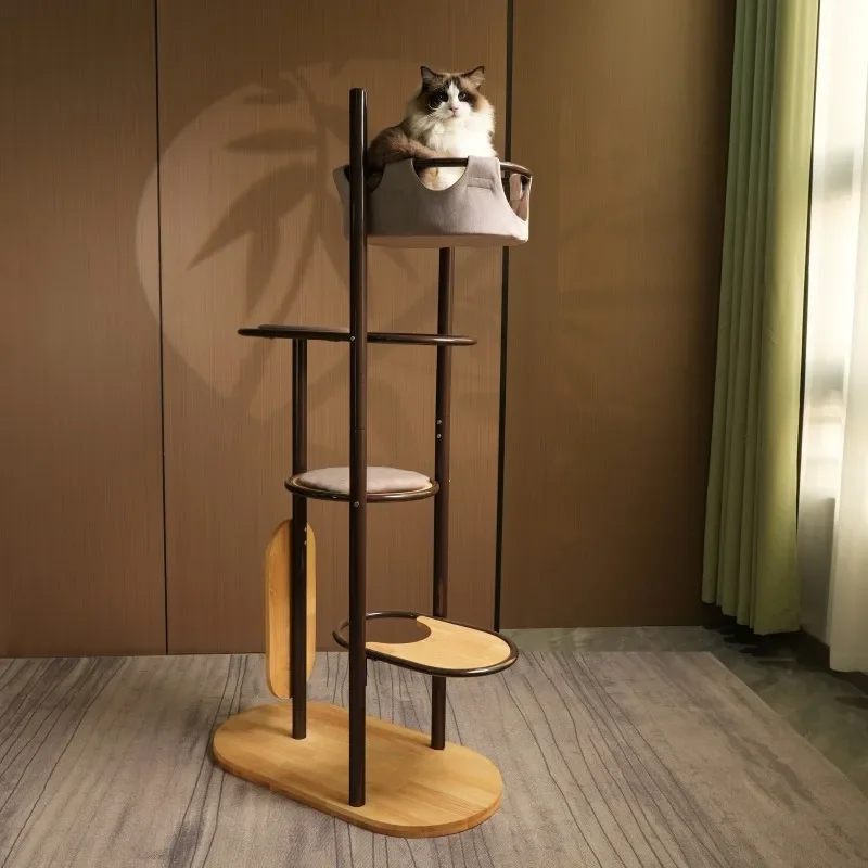 aModern Luxury 4-Level Cat Tree With Carbon Steel Frame & Rubber Wood-Durable Eco-Friendly Cat Scratching House Easy Assembly