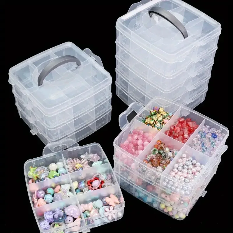 Caja de almacenamiento de plástico de 3 capas, caja de almacenamiento de joyería y artesanía multicapa transparente, apilable y clasificada,