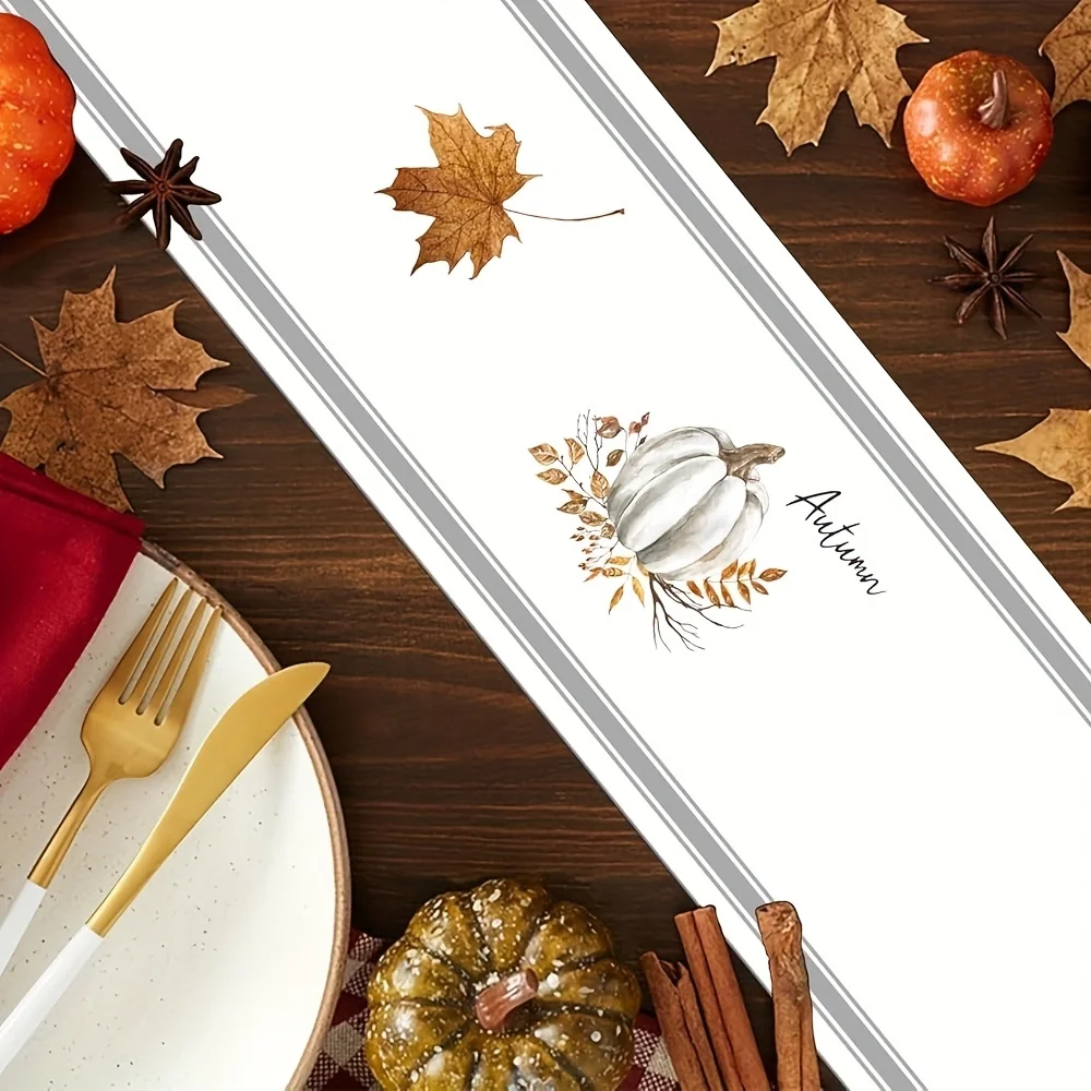 1pc, Fall Thanksgiving White Pumpkin Leaf Branch Table Runner Seasonal Harvest Autumn Gray Stripes Kitchen Dinner Decorations