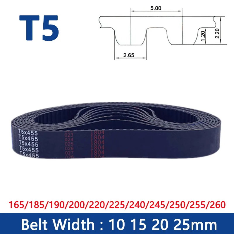 

1PCS T5 Timing Belt Width 10/15/20/25mm Rubber Closed Loop Synchronous Belt Length 165/185/190/200/220/225/240/245/250/255/260mm