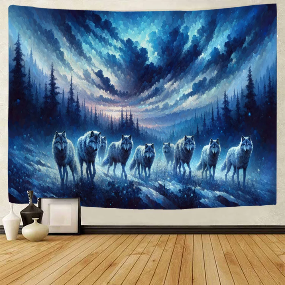 

Wolf tapestry under the starry sky, night moon home aesthetic decoration, bedroom living room art wall hanging cloth