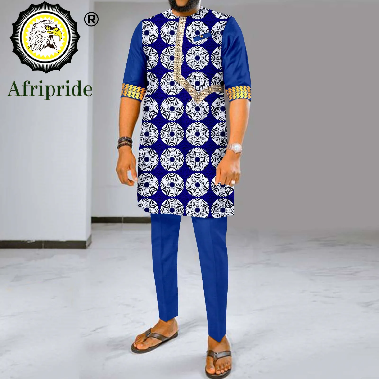 Men Tracksuit African Clothes 2 Piece Set Dashiki Embroidery Short Sleeve Shirt and Ankara Pants Set Print Outfits 2416017