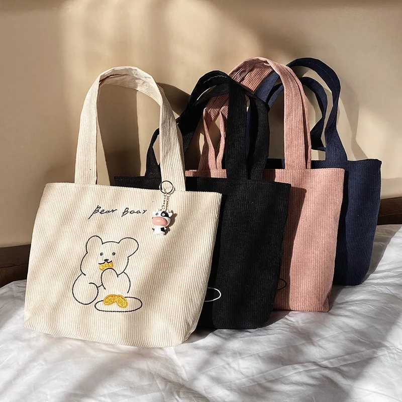 2023 New Kawaii Bag Japanese Corduroy Embroidery Bear Shoulder Bag Women Cross Body Bag Animal Shopping Storage Bag Handbag