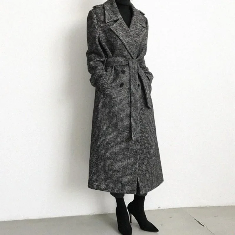 2023 Winter New Women Fashion Long Below The Knee Wool Coat Female Plaid Casual Temperament Thicken All-match Woolen Outwear